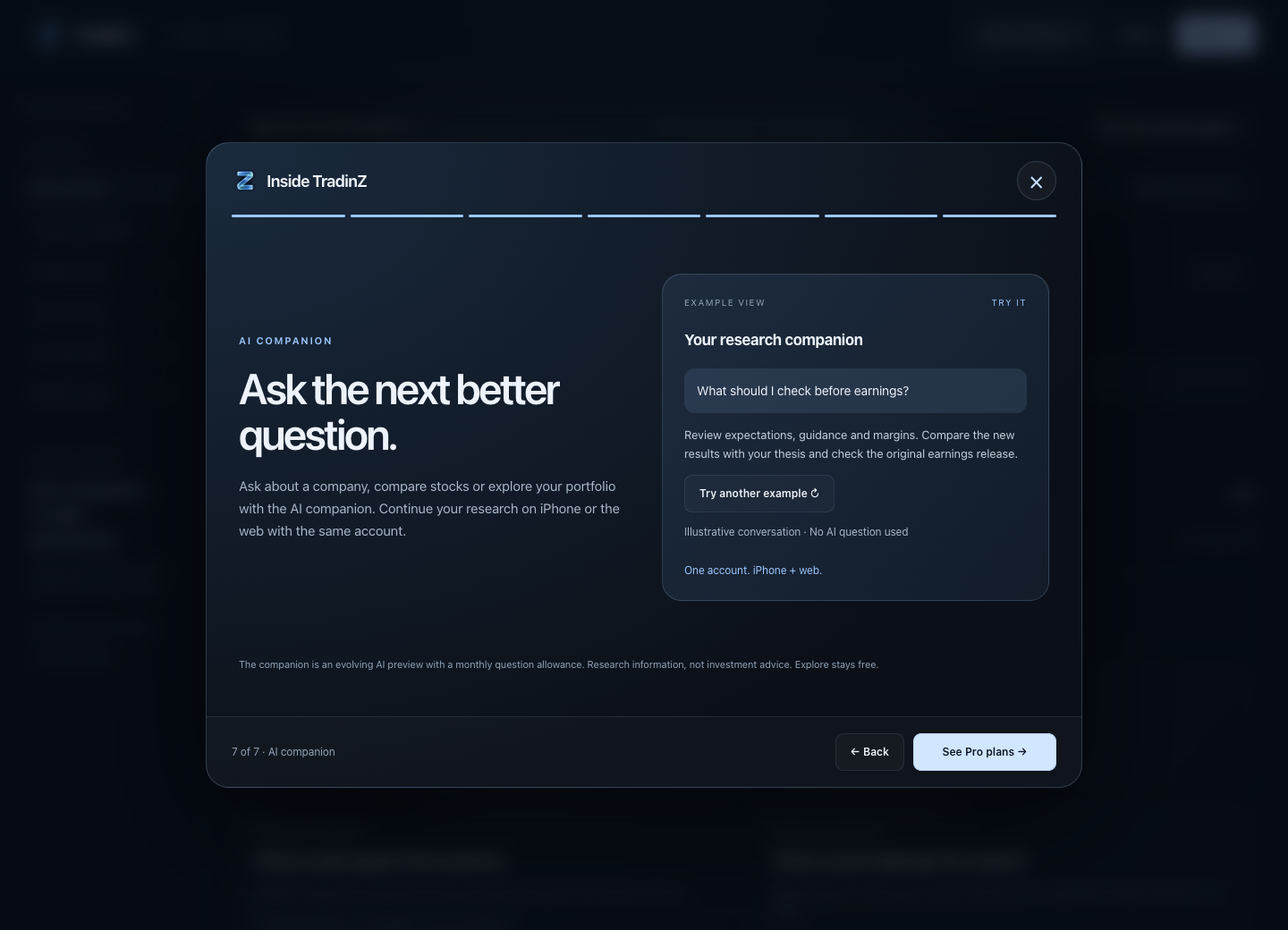 TradinZ’s public AI Companion feature tour, explicitly labelled as an illustrative conversation with no AI question used.